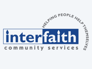 The logo for InterFaith Community Services with the words Helping People Help Themselves